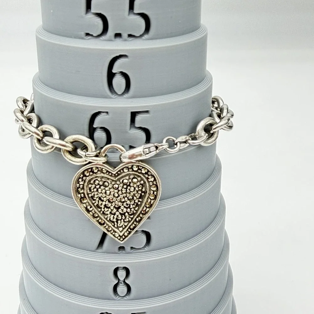 VTG‎ Sterling Silver Heart Charm Bracelet Marcasite Hallmarked Charm 26gr Sz6.5